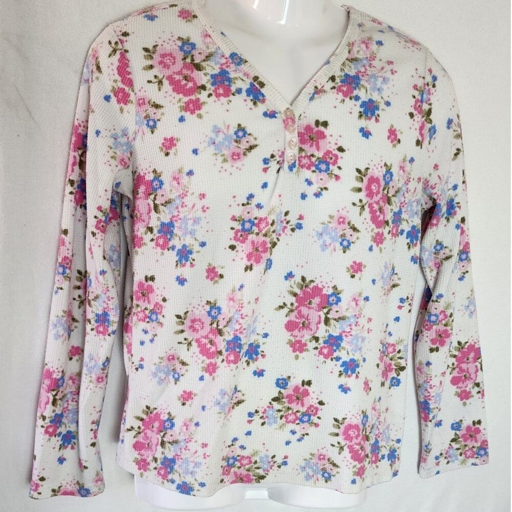 Intimate Essentials Super Soft Floral Print Long Sleeve V neck Loungewear W Med